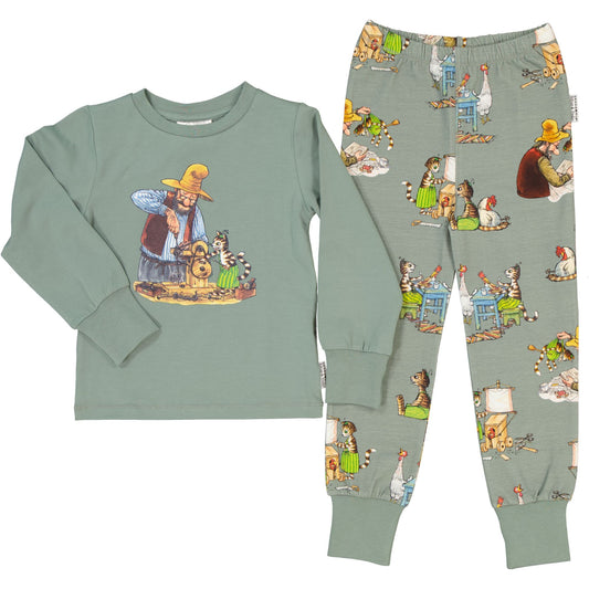 Pijama 2 piese din bumbac organic, Pettson si Findus/Verde